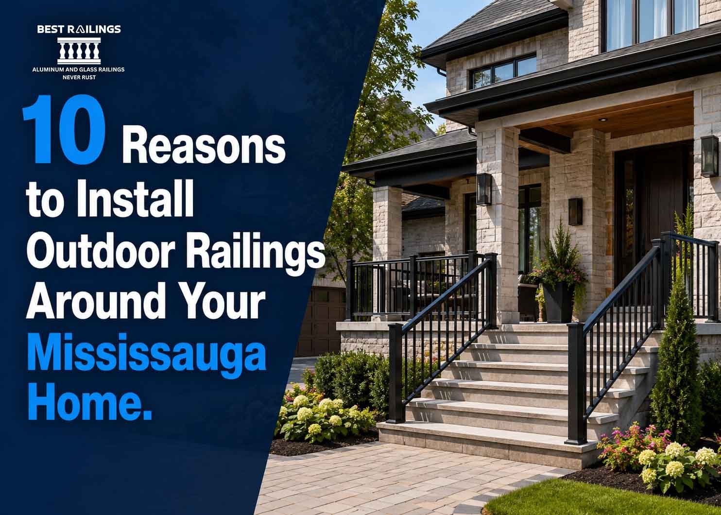 A home can look well kept and still have unsafe outdoor areas. A front step may not seem high until it gets icy. A deck may feel fine until guests lean on an old railing. A side entrance may be used every day, but still have no hand support. These are the details homeowners often notice only after someone slips or feels unsteady. That is why outdoor railings Mississauga homeowners install are not just for looks. They make outdoor areas safer, easier to use, and more finished. Best Railings installs custom aluminum and glass railing systems for indoor and outdoor spaces across Mississauga and Ontario. For homes, outdoor railings can protect the areas people use every day: steps, decks, porches, balconies, patios, and walkways. What Are Outdoor Railings? Outdoor railings are safety barriers and hand support systems installed outside a home. They are used around raised edges, stairs, entrances, decks, balconies, porches, patios, and walkways. Their main job is to reduce fall risk and give people something secure to hold. Outdoor railings can be made from different materials, including aluminum, glass, wood, iron, and steel. For Mississauga homes, aluminum and glass are common choices because they handle weather well and need less maintenance than many older materials. Outdoor railing styles can include: Aluminum picket railings Glass railings Aluminum railings with glass panels Stair handrails Porch railings Deck railings Balcony railings Patio railings Custom entrance railings The best railing fits the home and the way people use the space. A front step railing needs grip and support. A deck railing needs safety and visibility. A balcony railing needs strong edge protection. Why Outdoor Railings Mississauga Homes Need Matter Mississauga homes deal with real seasonal wear. Rain, snow, ice, humidity, sun exposure, and freeze thaw cycles all affect outdoor materials. A railing that is not built for local weather can loosen, rust, crack, fade, or become harder to maintain. Outdoor railings also matter because they are part of daily movement. People use them while carrying groceries, walking children to the door, helping older family members, or stepping outside during bad weather. A missing or weak railing can make simple areas harder to use. Good residential outdoor railings Mississauga homeowners install should do three things well: Make the space safer Match the home’s exterior Hold up with low maintenance A railing is not only a finishing detail. It is a working part of the home. 10 Reasons To Install Outdoor Railings Around Your Home 1. They Make Front Steps Safer Front steps are used every day. In winter, even one icy step can become a problem. A secure railing gives people support while entering or leaving the home. This is especially useful for children, older adults, guests, and delivery workers. 2. They Add Support On Outdoor Stairs Outdoor stairs can become slippery after rain or snow. A proper handrail helps people keep balance. This matters on side entrances, backyard stairs, basement walkouts, porch steps, and deck stairs. 3. They Protect Raised Deck Areas A raised deck without a strong railing is a safety risk. Deck railings create a safe boundary for family, guests, pets, and daily use. They also make the deck feel more complete and ready for seating, cooking, or entertaining. 4. They Improve Balcony Safety Balconies need secure railing systems because they sit above ground level. A properly installed aluminum or glass balcony railing protects the edge while still allowing the space to feel open. This is useful for townhomes, detached homes, and upper level outdoor areas. 5. They Improve Curb Appeal Outdoor railings are easy to see from the street. Old, rusted, or loose railings can make a home look neglected. Clean aluminum or glass railings can make the entrance, porch, or balcony look sharper without a full exterior renovation. 6. They Help Older Family Members Move With Confidence Many families do not think about railings until someone starts needing extra support. A railing at the front entrance, side door, or back steps can make the home easier to use for parents, grandparents, and visitors with mobility concerns. 7. They Define Outdoor Spaces Railings help separate one outdoor area from another. A patio railing can define a sitting space. A deck railing can mark the edge of an entertainment area. A porch railing can make the entrance feel more structured. 8. They Reduce Maintenance With The Right Material Outdoor railings made from aluminum need less upkeep than wood. They do not need regular staining or sealing. They also resist rust better than untreated iron. For Mississauga homeowners who want less seasonal work, this is a real advantage. 9. They Can Match Modern Or Traditional Homes Custom outdoor railings Mississauga homeowners choose can be designed to fit many home styles. Black aluminum works well with brick, stone, and modern trim. Glass railings work well where the homeowner wants a more open look. Aluminum with glass gives both structure and visibility. 10. They Can Add Long Term Home Value Outdoor railings improve safety, function, and appearance. Those details matter to homeowners and future buyers. A home with secure, clean, well installed railings feels better maintained. Best Places To Install Residential Outdoor Railings Mississauga Residential outdoor railings Mississauga homes use should be installed where people need safety, support, or edge protection. Common areas include: Front steps Porch edges Decks Deck stairs Balconies Patios Basement walkouts Side entrances Garden steps Walkways Raised outdoor platforms Terrace areas The location affects the design. A front entrance railing should improve safety and curb appeal. A deck railing should protect the edge without blocking too much of the yard. A balcony railing should feel secure and match the exterior. Best Railings offers outdoor railings, aluminum railings, glass railings, commercial railings, gates, fences, and related custom solutions. This helps homeowners keep a consistent look across different outdoor areas. Outdoor Railing Installation Mississauga: What Proper Work Includes Outdoor railing installation Mississauga homeowners can trust starts with inspection and measurement. The installer should check the surface before starting. Wood decks, concrete steps, stone porches, and balcony floors all need different mounting methods. If the surface is weak, cracked, or uneven, it should be addressed before the railing is installed. Proper installation should include: Site inspection Accurate measurement Correct railing height Safe post spacing Strong anchoring Suitable material selection Clean alignment Secure handrail placement Weather ready hardware Neat finishing Cleanup after installation A railing should feel solid when someone holds it. It should not shake, lean, or have rough edges. Best Railings focuses on custom outdoor railing solutions for Ontario homes and commercial spaces. The company also promotes transparent pricing, clean work, local materials, flexible payments, and free estimates. Learn more about outdoor railing installation Mississauga from Best Railings. Outdoor Railings Vs Wood, Iron, Aluminum, And Glass Outdoor railing materials are not all equal. The best choice depends on safety needs, maintenance, weather exposure, style, and budget. Railing Material Best For Main Benefit Main Concern Aluminum Railings Steps, decks, porches, balconies Low maintenance and rust resistance Less open than glass Glass Railings Balconies, decks, terraces Open view and clean design Needs regular cleaning Wood Railings Traditional decks and porches Natural look Needs staining, sealing, and repairs Iron Railings Decorative entrances Classic appearance Can rust without maintenance Aluminum With Glass Modern outdoor spaces Strength with better visibility Costs more than basic aluminum For many Mississauga homes, aluminum is the most practical outdoor railing material. It handles weather well and does not require constant upkeep. Glass is useful where views and light matter. Aluminum with glass works well for decks, balconies, and terraces where the homeowner wants safety without blocking the view. What Affects The Cost Of Outdoor Railings? The cost of outdoor railings depends on size, material, design, installation surface, and project complexity. A short railing for front steps will cost less than a full deck railing with stairs, corners, and glass panels. A simple aluminum picket railing usually costs less than a frameless glass railing system. Main cost factors include: Total railing length Number of posts Stair sections Railing material Glass or picket design Finish and colour Mounting surface Removal of old railing Custom fabrication Site access Installation complexity Repairs needed before installation A very low quote can be risky if it leaves out proper anchoring, cleanup, quality hardware, or support after the project. A clear quote should explain what material is being used, how the railing will be installed, what is included, and what support is available after installation. Best Railings offers free estimates, which helps homeowners understand the project before making a decision. How To Choose A Custom Outdoor Railings Contractor In Mississauga A good railing contractor should explain the project clearly. They should inspect the area, recommend suitable materials, discuss railing style, and provide a written estimate. They should also explain how the railing will be anchored and how it will handle outdoor conditions. Look for: Experience with outdoor railings Aluminum and glass railing options Custom measurement Clear pricing Proper installation methods Clean finishing standards Project photos Local service experience Warranty or guarantee details Support after installation Custom outdoor railings Mississauga homeowners install should fit the actual property. A rushed, standard layout can leave awkward gaps, uneven lines, or weak mounting points. Best Railings serves Mississauga and Ontario with custom aluminum and glass railing systems for residential and commercial spaces. FAQs Are outdoor railings required for every Mississauga home? Not every area needs a railing, but steps, raised decks, balconies, porches, and walkouts often need proper support or edge protection. A railing contractor can review the space and recommend the right solution. What are the best outdoor railings Mississauga homeowners can install? Aluminum railings are one of the best choices for low maintenance and weather resistance. Glass railings are better when the homeowner wants open views and a modern look. How long does outdoor railing installation Mississauga usually take? The timeline depends on the size, material, layout, and site conditions. A small front step railing is usually faster than a full deck, balcony, or custom glass railing project. Can outdoor railings be customized to match my home? Yes. Custom outdoor railings can be designed to match brick, stone, siding, windows, deck materials, and existing exterior features. Do aluminum outdoor railings need a lot of maintenance? No. Aluminum outdoor railings usually need basic cleaning. They do not require regular staining, sealing, or repainting like wood railings. Conclusion Outdoor railings make a home safer, cleaner, and easier to use every day. Best Railings can help you choose the right railing system for your Mississauga steps, porch, deck, balcony, patio, walkway, or outdoor entrance. The team offers custom aluminum and glass railings, free estimates, transparent pricing, clean installation, and post installation support. Ready to improve your outdoor space? Request an Estimate from Best Railings today.